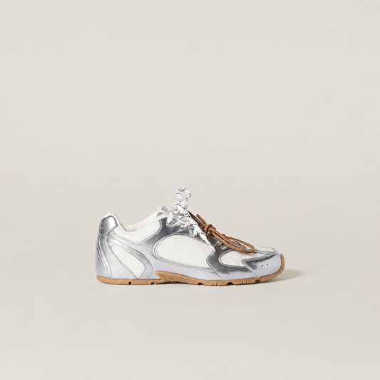 metallic leather and mesh sneakers